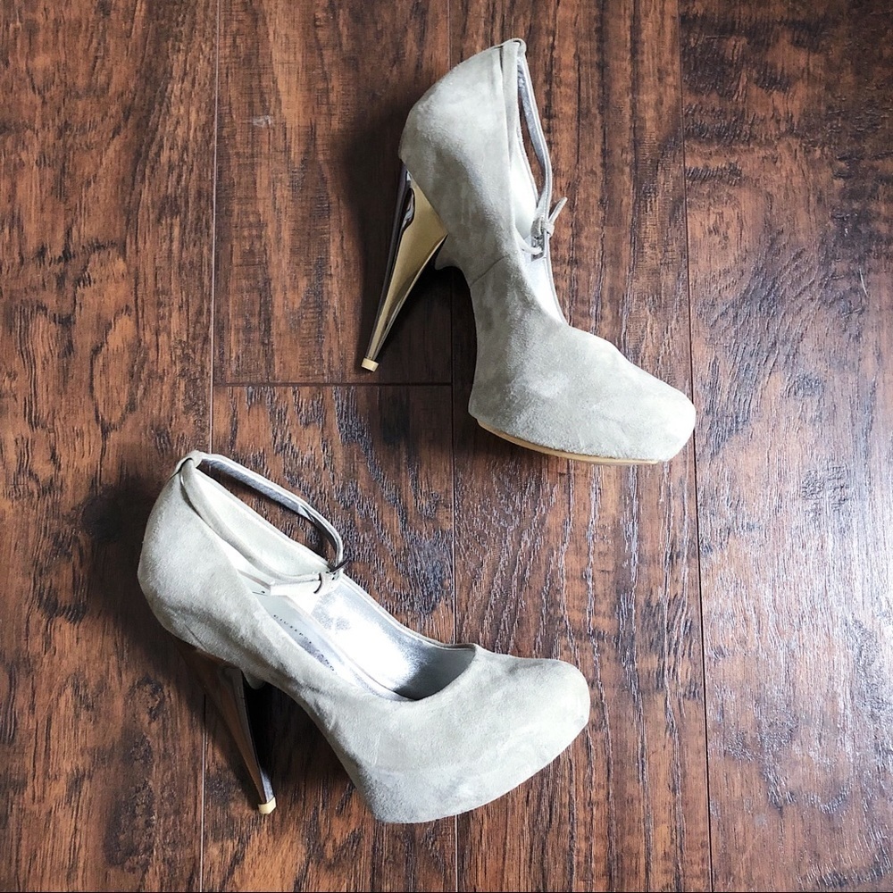 Giuseppe Zanotti • grey suede platform pumps heels ankle strap cone heel silver